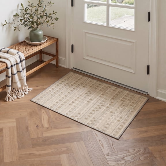 GENIMO 2'x3' Entryway Rug, Machine Washable Non Slip Low Pile Area Rug for Front Door Kitchen Bathroom, Warm Minimalist, OCHRE LINEN