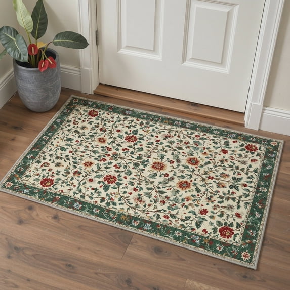 GENIMO 2'x3' Floral Area Rug, Machine Washable Non Slip Low Pile Rug for Entryway Front Door Kitchen Bathroom, Cream Green