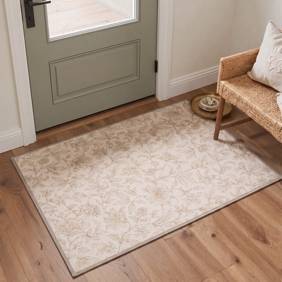 GENIMO 2'x3' Floral Botanical Entryway Rug, Machine Washable Non Slip Low Pile Area Rug for Front Door Kitchen Bathroom, Dusty Beige