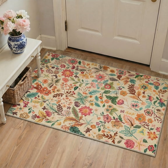 GENIMO 2'x3' Floral Botanical Entryway Rug, Machine Washable Non Slip Low Pile Area Rug for Front Door Kitchen Bathroom, Dusty Beige