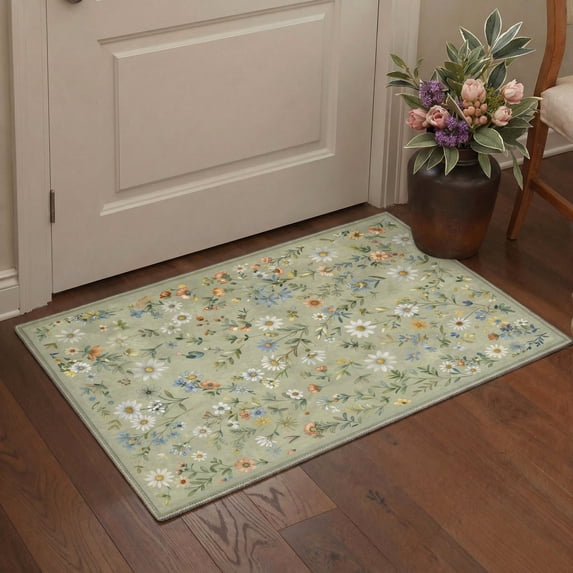 GENIMO 2'x3' Floral Botanical Entryway Rug, Machine Washable Non Slip Low Pile Area Rug for Front Door Kitchen Bathroom, Muted Sage