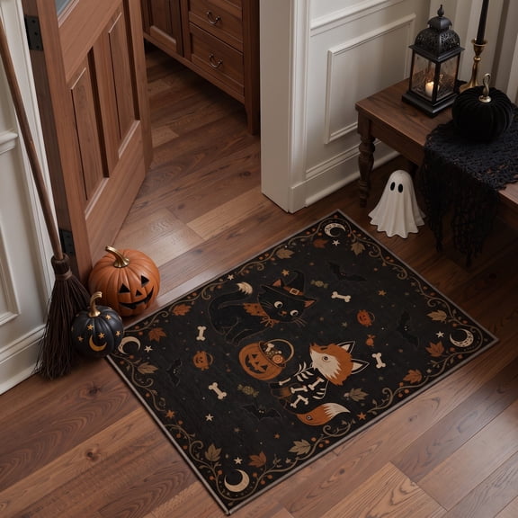 GENIMO 2'x3' Halloween Doormat, Washable Non Slip Soft Whimsical Cat Outdoor Door Mat for Front Door Covered Porch Patio Entryway, Rustic Black
