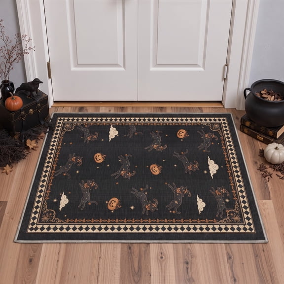 GENIMO 2'x3' Halloween Doormat, Washable Non Slip Soft Whimsical Cat Outdoor Door Mat for Front Door Covered Porch Patio Entryway, Vintage Black