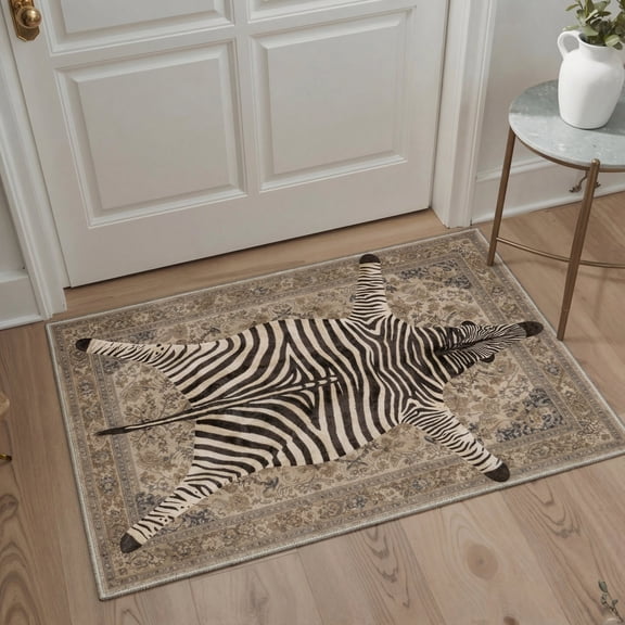 GENIMO 2'x3' Wildlife Inspired Animal Print Entryway Rug, Machine Washable Non Slip Low Pile Area Rug for Front Door Kitchen Bathroom, Dusty Beige