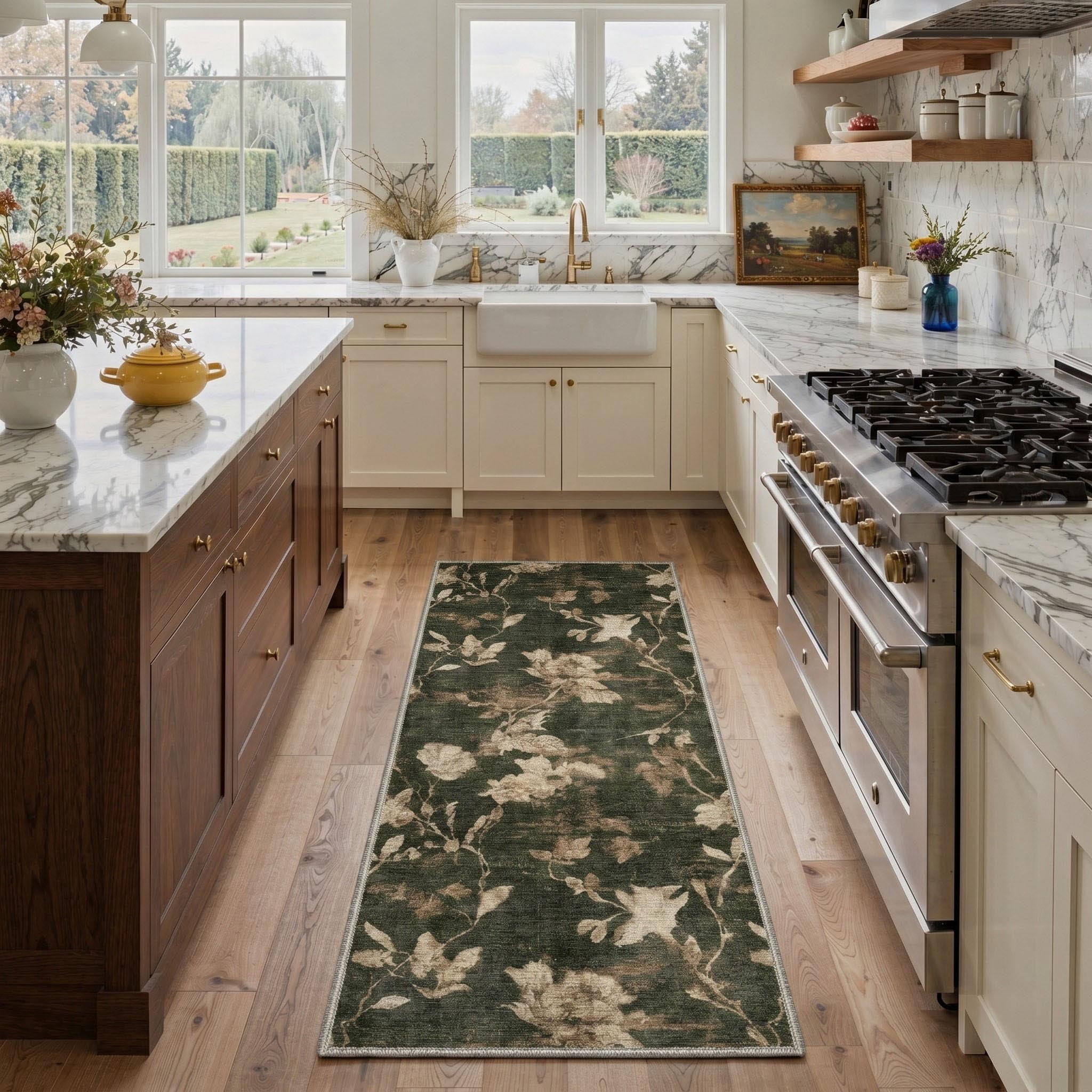 Teal Rug Kitchen GENIMO 2'x6' Floral Botanical Runner Rug, Machine Washable Non Slip Low ...