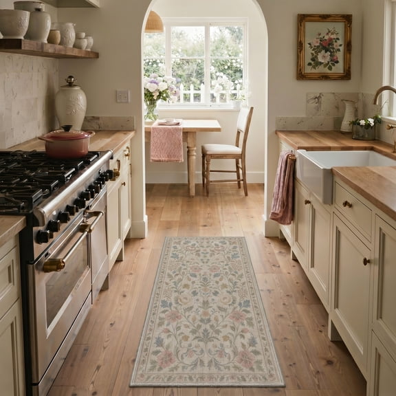 GENIMO 2'x6' Runner Rug, Machine Washable Non Slip Low Pile Hallway Runner Rug for Kitchen Laundry Room, Art Style, OCHRE VINE
