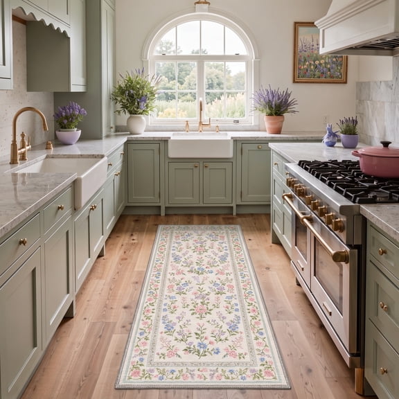 GENIMO 2'x6' Runner Rug, Machine Washable Non Slip Low Pile Hallway Runner Rug for Kitchen Laundry Room, Garden Floral, PINK BLOOM