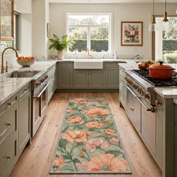 GENIMO 2'x6' Runner Rug, Machine Washable Non Slip Low Pile Hallway Runner Rug for Kitchen Laundry Room, Modern Floral, Sage Blush