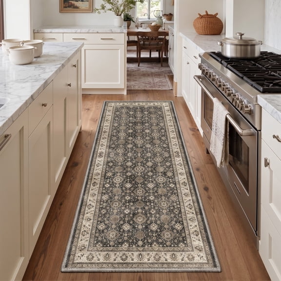 GENIMO 2'x6' Runner Rug, Machine Washable Non Slip Low Pile Hallway Runner Rug for Kitchen Laundry Room, Muted Persian, EBONY