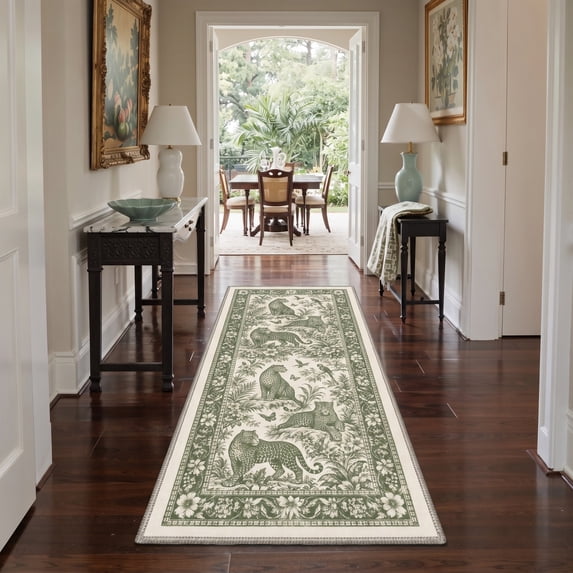 GENIMO 2'x6' Runner Rug, Machine Washable Non Slip Low Pile Hallway Runner Rug for Kitchen Laundry Room, Nature Inspired Animal Print, Sage Green