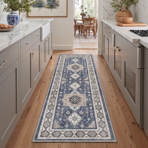 GENIMO 2'x6' Runner Rug, Machine Washable Non Slip Low Pile Hallway Runner Rug for Kitchen Laundry Room, Persian Diamond, AZURE