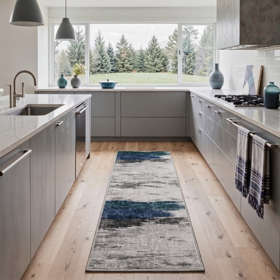GENIMO 2'x6' Runner Rug, Machine Washable Non Slip Low Pile Hallway Runner Rug for Kitchen Laundry Room, Soft Abstract, Misty Teal