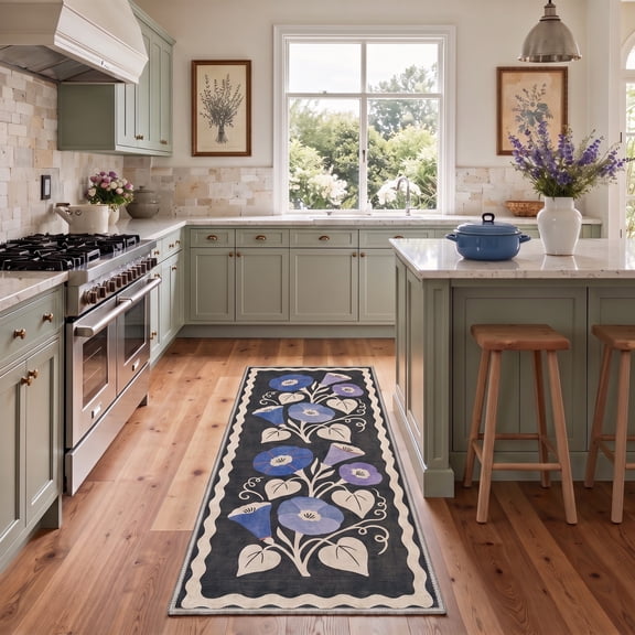 GENIMO 2'x6' Runner Rug, Machine Washable Non Slip Low Pile Hallway Runner Rug for Kitchen Laundry Room, Vintage Floral, INDIGO BLOOM