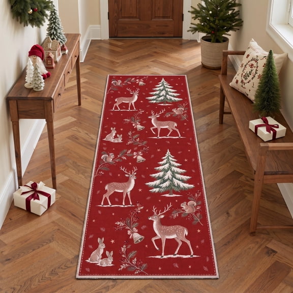 GENIMO 2'x6' Runner Rug, Washable Non Slip Soft Rustic Woodland Christmas Hallway Runner for Kitchen Entryway Laundry Room, Cranberry Red