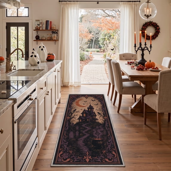 GENIMO 2'x7' Halloween Runner Rug, Washable Non Slip Soft Gothic Castle Indoor Outdoor Hallway Runner for Porch Patio Kitchen Entryway, Gothic Plum