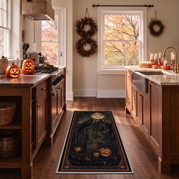 GENIMO 2'x7' Halloween Runner Rug, Washable Non Slip Soft Gothic Raven Indoor Outdoor Hallway Runner for Porch Patio Kitchen Entryway, Charred Amber