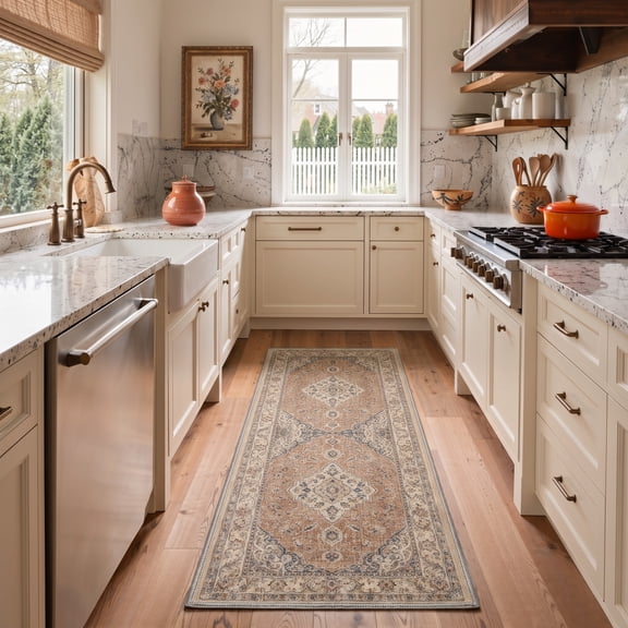 GENIMO 2'x7' Runner Rug, Machine Washable Non Slip Low Pile Hallway Runner Rug for Kitchen Laundry Room, Traditional Persian Diamond, Terracotta Beige