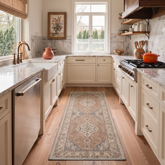 GENIMO 2'x7' Runner Rug, Machine Washable Non Slip Low Pile Hallway Runner Rug for Kitchen Laundry Room, Traditional Persian Diamond, Terracotta Beige