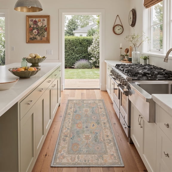 GENIMO 2'x7' Runner Rug, Machine Washable Non Slip Low Pile Hallway Runner Rug for Kitchen Laundry Room, Antique Persian, Dusty Blue