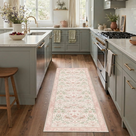 GENIMO 2'x7' Runner Rug, Machine Washable Non Slip Low Pile Hallway Runner Rug for Kitchen Laundry Room, Art Style, Dusty Blush