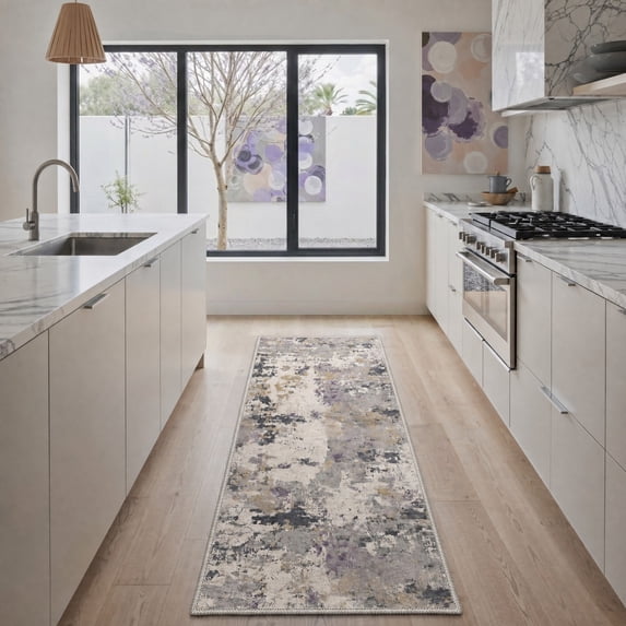 GENIMO 2'x7' Runner Rug, Machine Washable Non Slip Low Pile Hallway Runner Rug for Kitchen Laundry Room, Artistic Abstract, Amethyst Gray