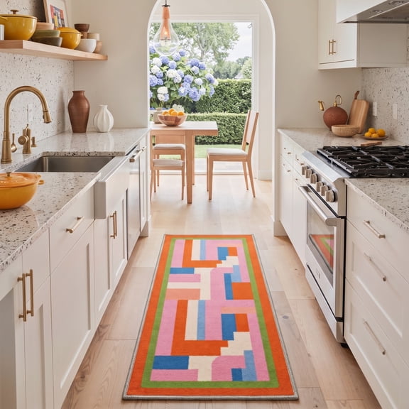 GENIMO 2'x7' Runner Rug, Machine Washable Non Slip Low Pile Hallway Runner Rug for Kitchen Laundry Room, Clean Minimalist, Retro Pop