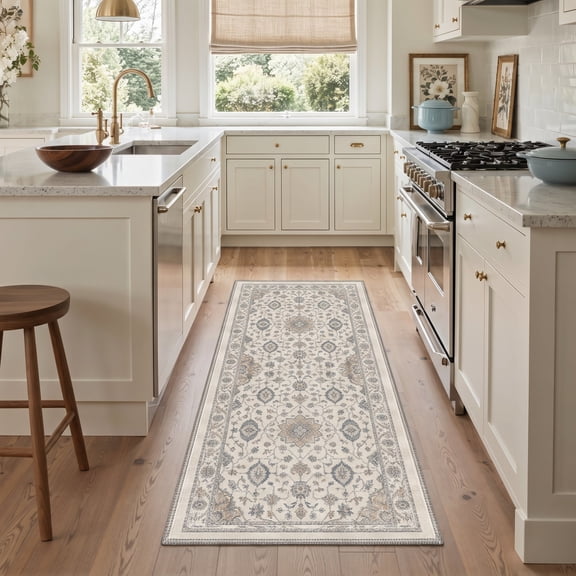 GENIMO 2'x7' Runner Rug, Machine Washable Non Slip Low Pile Hallway Runner Rug for Kitchen Laundry Room, Distressed Persian, Dusty Ivory