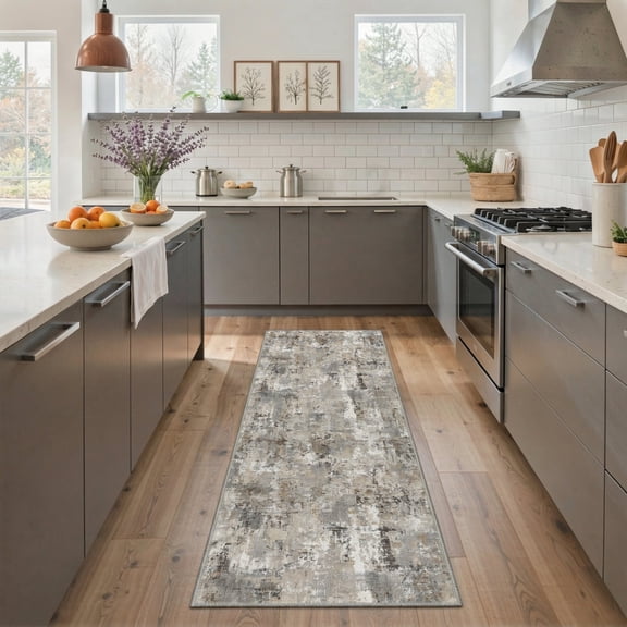 GENIMO 2'x7' Runner Rug, Machine Washable Non Slip Low Pile Hallway Runner Rug for Kitchen Laundry Room, Minimal Abstract, Dusty Taupe
