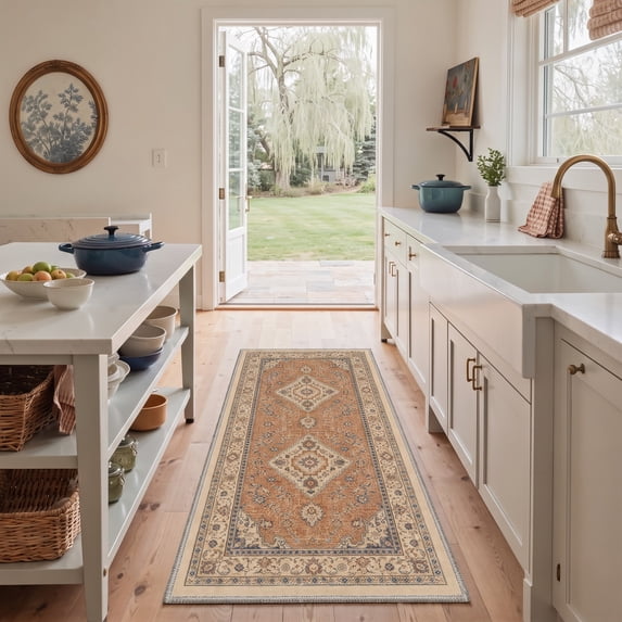 GENIMO 2'x7' Runner Rug, Machine Washable Non Slip Low Pile Hallway Runner Rug for Kitchen Laundry Room, Modern Persian Diamond, Rust Ivory