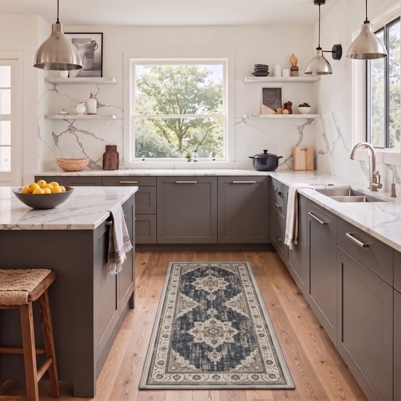 GENIMO 2'x7' Runner Rug, Machine Washable Non Slip Low Pile Hallway Runner Rug for Kitchen Laundry Room, Modern Persian Diamond, Slate Taupe