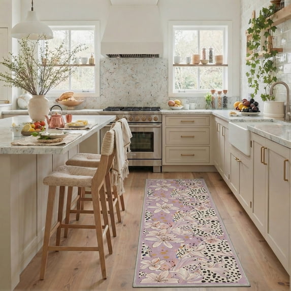 GENIMO 2'x7' Runner Rug, Machine Washable Non Slip Low Pile Hallway Runner Rug for Kitchen Laundry Room, Nature Inspired Animal Print, Soft Lilac
