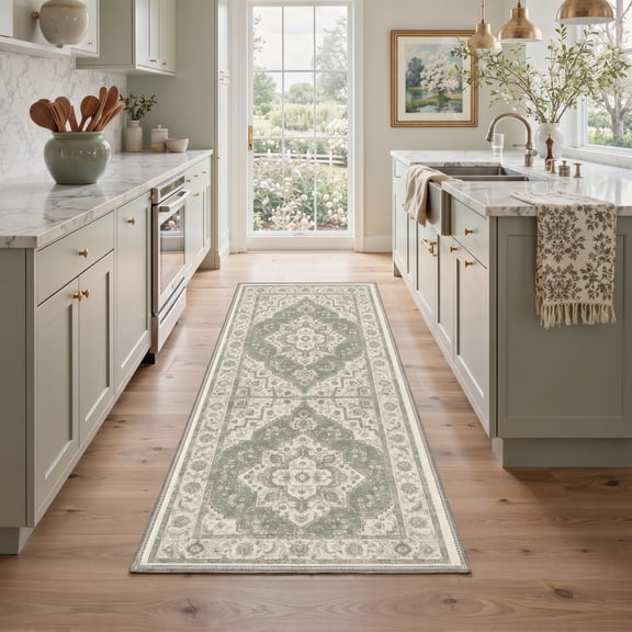GENIMO 2'x7' Runner Rug, Machine Washable Non Slip Low Pile Hallway Runner Rug for Kitchen Laundry Room, Persian Diamond, Sage Cream