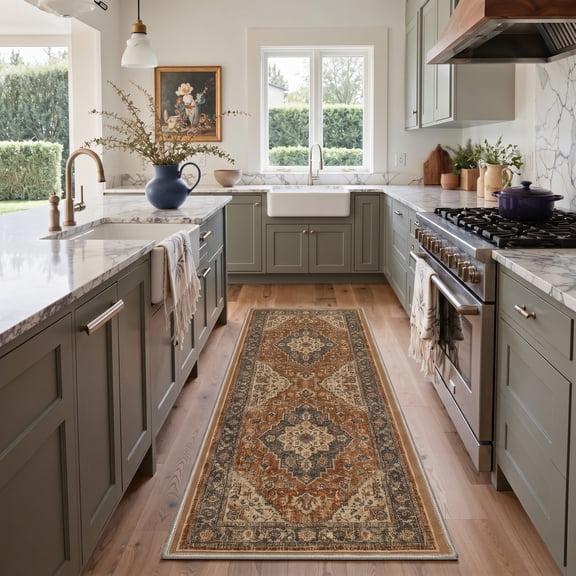 GENIMO 2'x7' Runner Rug, Machine Washable Non Slip Low Pile Hallway Runner Rug for Kitchen Laundry Room, Traditional Persian Diamond, AMBERBLOOM
