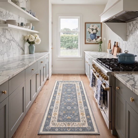 GENIMO 2'x7' Runner Rug, Machine Washable Non Slip Low Pile Hallway Runner Rug for Kitchen Laundry Room, Vintage Persian, Dusty Blue Cream