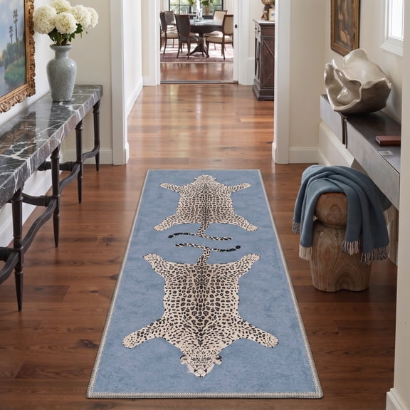 GENIMO 2'x7' Runner Rug, Washable Non Slip Soft Animal Print Hallway Runner for Kitchen Entryway Laundry Room, Soft Teal