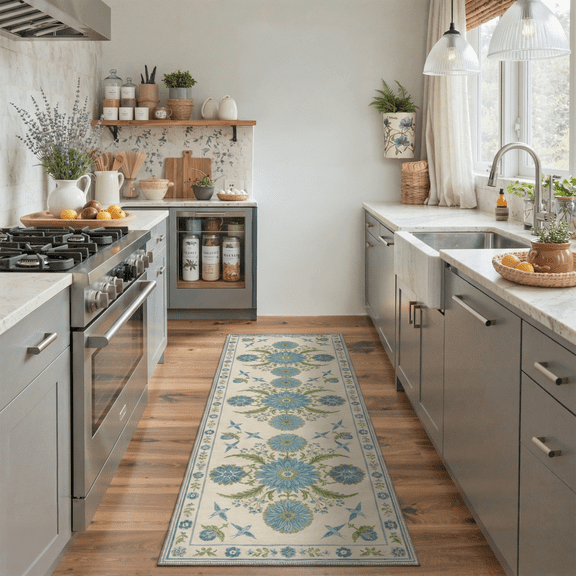GENIMO 2'x7' Runner Rug, Washable Non Slip Soft Floral Birds Hallway Runner for Kitchen Entryway Laundry Room, Dusty Blue