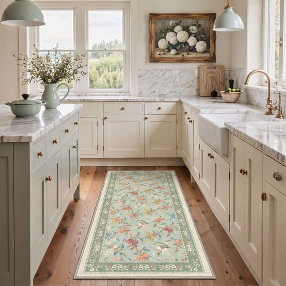 GENIMO 2'x7' Runner Rug, Washable Non Slip Soft Floral Hallway Runner for Kitchen Entryway Laundry Room, Sage Green