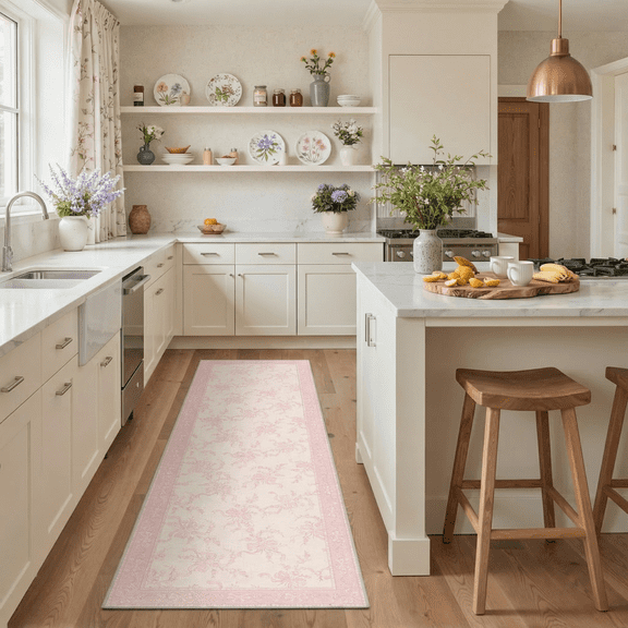 GENIMO 2'x7' Runner Rug, Washable Non Slip Soft Floral Hallway Runner for Kitchen Entryway Laundry Room, Blush Pink