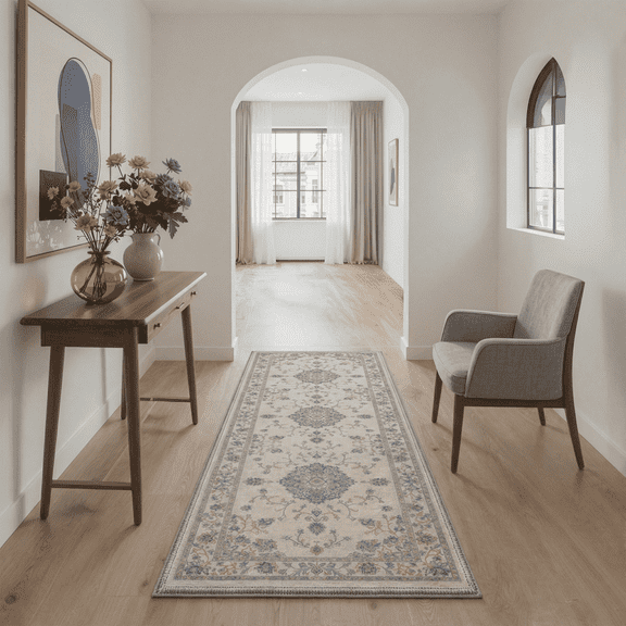 GENIMO 2'x7' Runner Rug, Washable Non Slip Soft Floral Hallway Runner for Kitchen Entryway Laundry Room, Dusty Blue Beige