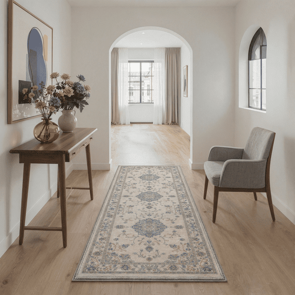 GENIMO 2'x7' Runner Rug, Washable Non Slip Soft Floral Hallway Runner for Kitchen Entryway Laundry Room, Dusty Blue Beige