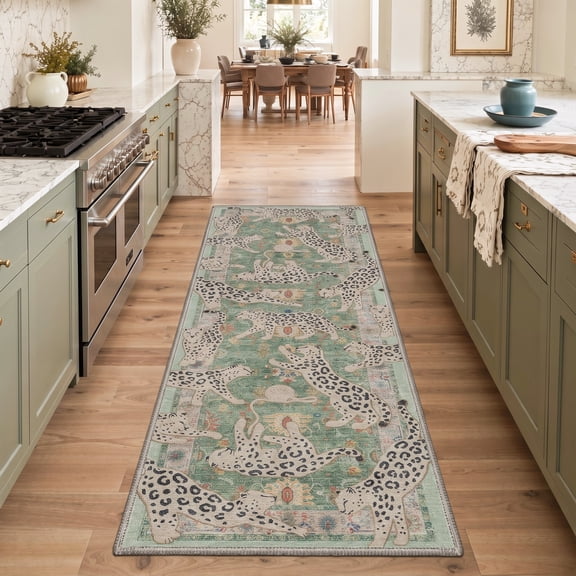 GENIMO 2'x7' Runner Rug, Washable Non Slip Soft Leopard Print Hallway Runner for Kitchen Entryway Laundry Room, Dusty Sage
