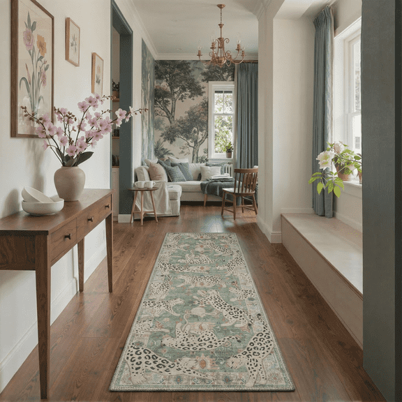 GENIMO 2'x7' Runner Rug, Washable Non Slip Soft Leopard Print Hallway Runner for Kitchen Entryway Laundry Room, Dusty Sage