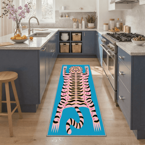 GENIMO 2'x7' Runner Rug, Washable Non Slip Soft Tiger Print Hallway Runner for Kitchen Entryway Laundry Room, Aqua Pink