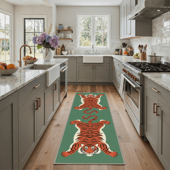 GENIMO 2'x7' Runner Rug, Washable Non Slip Soft Tiger Print Hallway Runner for Kitchen Entryway Laundry Room, Moss Terracotta