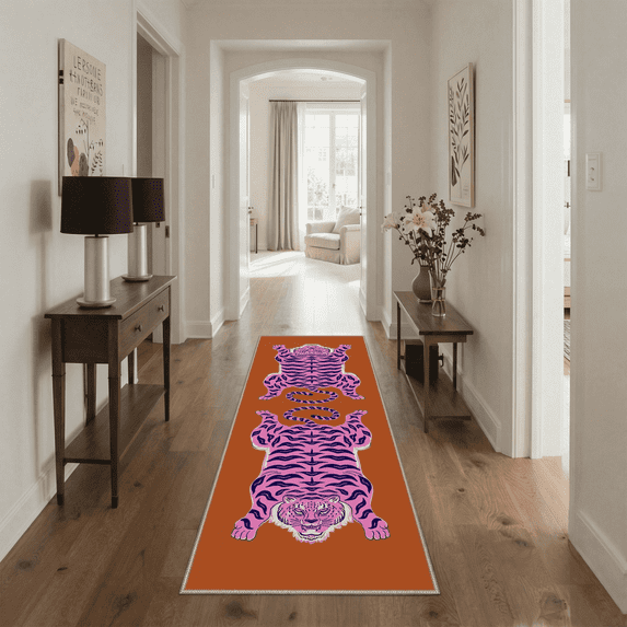 GENIMO 2'x7' Runner Rug, Washable Non Slip Soft Tiger Print Hallway Runner for Kitchen Entryway Laundry Room, Papaya Pink