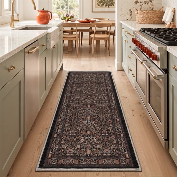GENIMO 2'x7' Runner Rug, Washable Non Slip Soft Vintage Floral Hallway Runner for Kitchen Entryway Laundry Room, Antique Brown