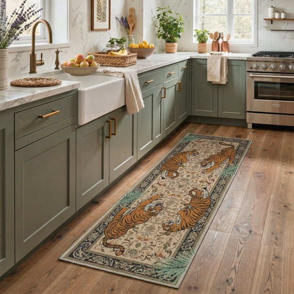 GENIMO 2'x7' Wildlife Inspired Animal Print Runner Rug, Machine Washable Non Slip Low Pile Hallway Runner Rug for Kitchen Laundry Room, Warm Beige