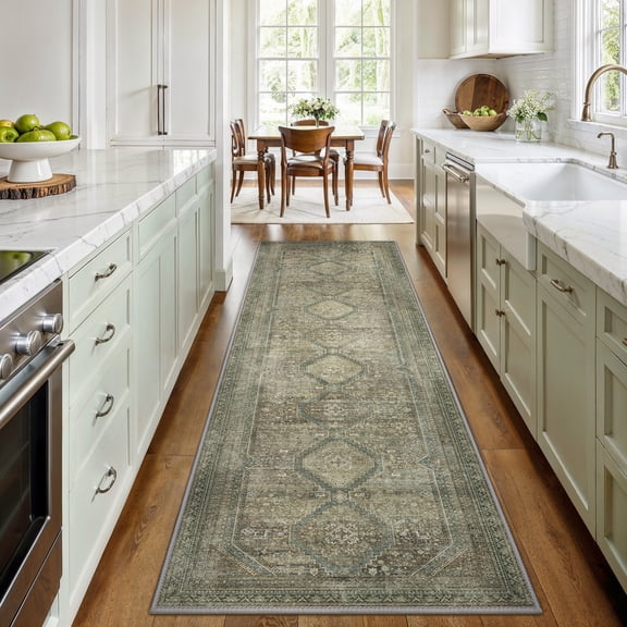 GENIMO 5' x 7' Washable Rug for Living Room, Low Pile Non-Slip Vintage Oriental Area Rug for Bedroom Dining Room Home Office, Green