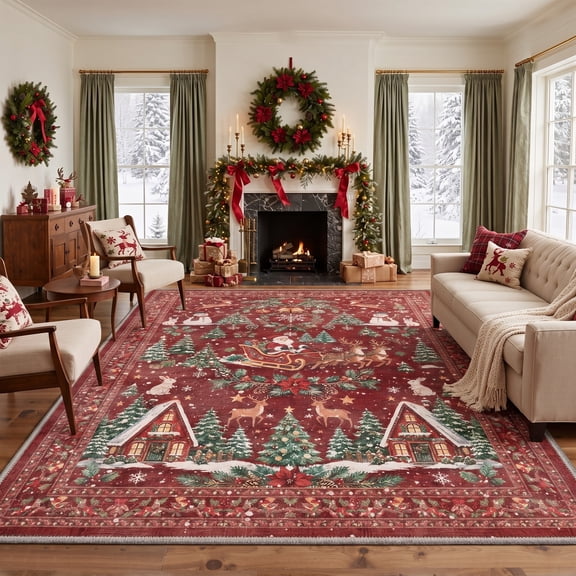 GENIMO 5'x7' Area Rug for Living Room, Christmas Motif Washable Rug with Non Slip Backing, Low Pile Holiday Rug for Bedroom, Dining Room, Home Office, Vintage Burgundy