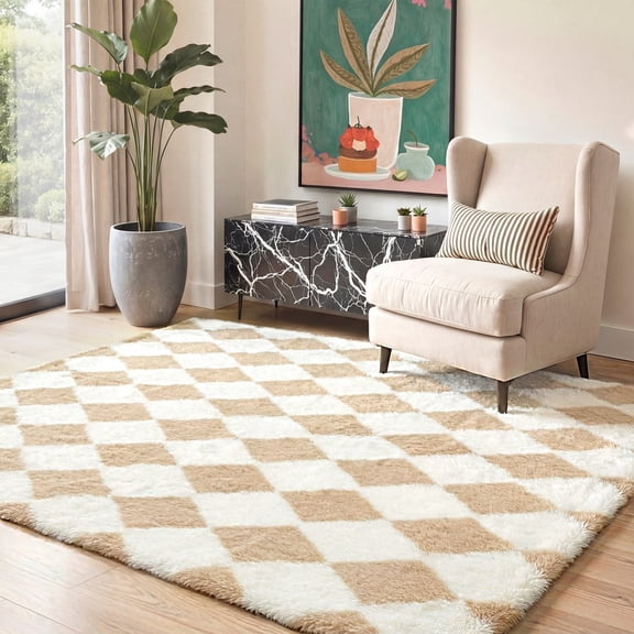 GENIMO 5'x7' Area Rug, Machine Washable Playful Animal Floral Rug with Non Slip Backing for Bedroom, Nursery, Living Room, Beige and White